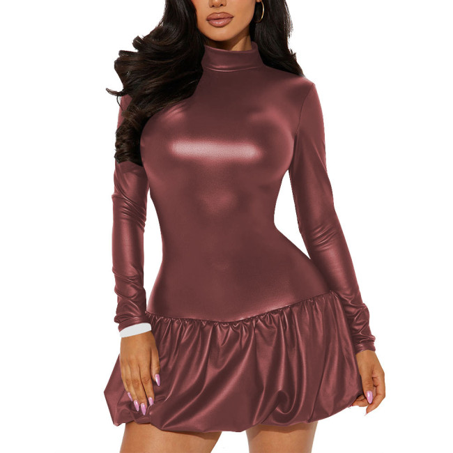 Office Lady High Neck Backless PU Leather Dress Matte Long Sleeve Sexy Club Mini Dress Revelry Party A-line Solid Color Dress