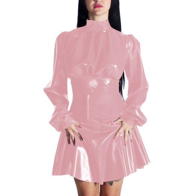 Spring New Puff Long Sleeve PVC Leather Casual A-line Mini Dress Women Chic Mock Neck Solid Color Pleated Dress Party Daily Wear