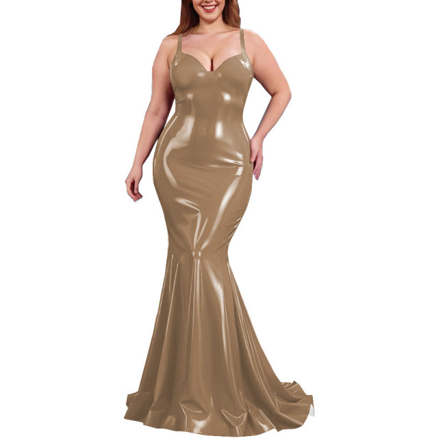 Sexy PVC Shiny Mermaid Slip Dress Women Sweetheart Neck Floor-length Bodycon Dress Elegant Spaghetti Straps Maxi Gown Partywear