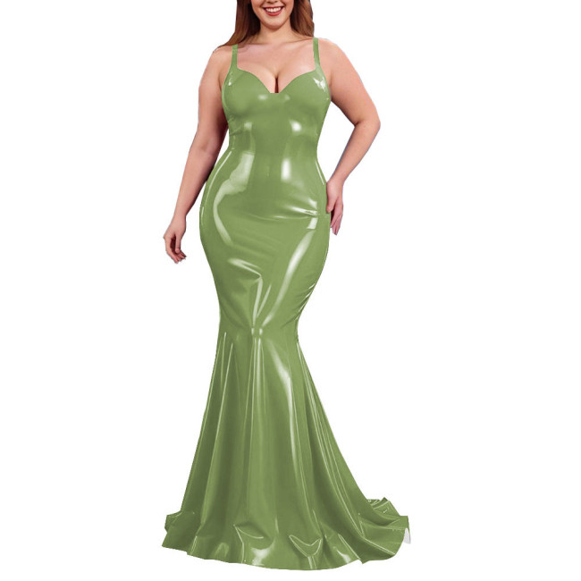 Sexy PVC Shiny Mermaid Slip Dress Women Sweetheart Neck Floor-length Bodycon Dress Elegant Spaghetti Straps Maxi Gown Partywear