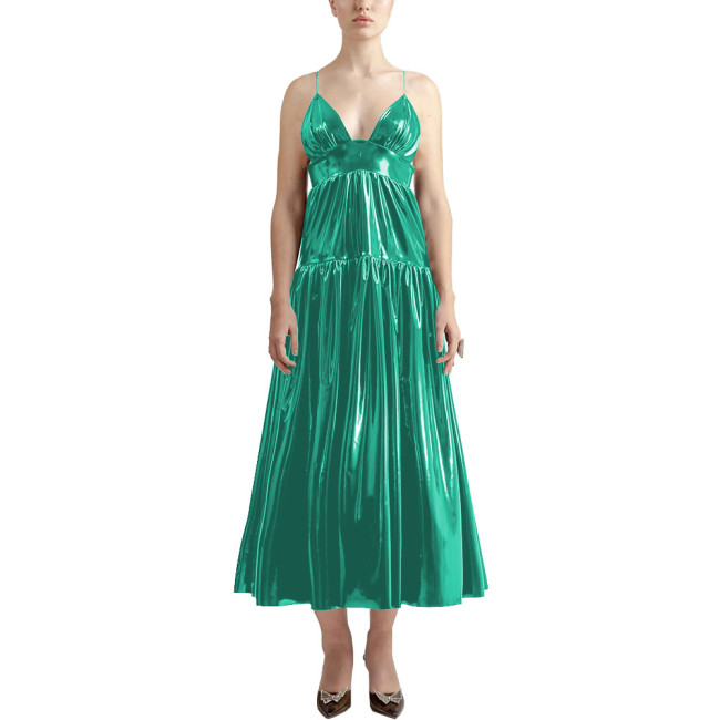 Summer Sexy V-neck Slip Dress Women Sleeveless PVC Leather Casual A-line Maxi Dress Faux Latex Beach Party Vocation Long Dress