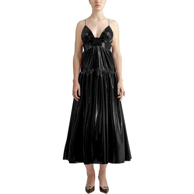 Summer Sexy V-neck Slip Dress Women Sleeveless PVC Leather Casual A-line Maxi Dress Faux Latex Beach Party Vocation Long Dress