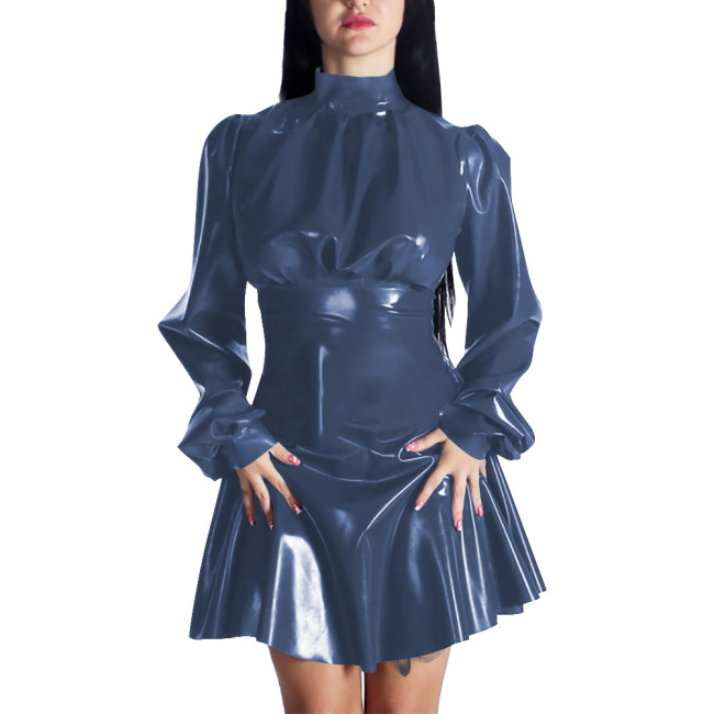 Spring New Puff Long Sleeve PVC Leather Casual A-line Mini Dress Women Chic Mock Neck Solid Color Pleated Dress Party Daily Wear