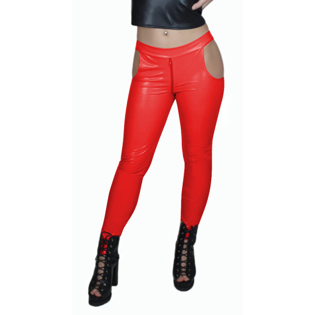 Sissy Low Waist Sexy Zip Open Crotch PVC Leather Pants Women Bodycon Solid Color Pencil Capris High Street Punk Long Pants