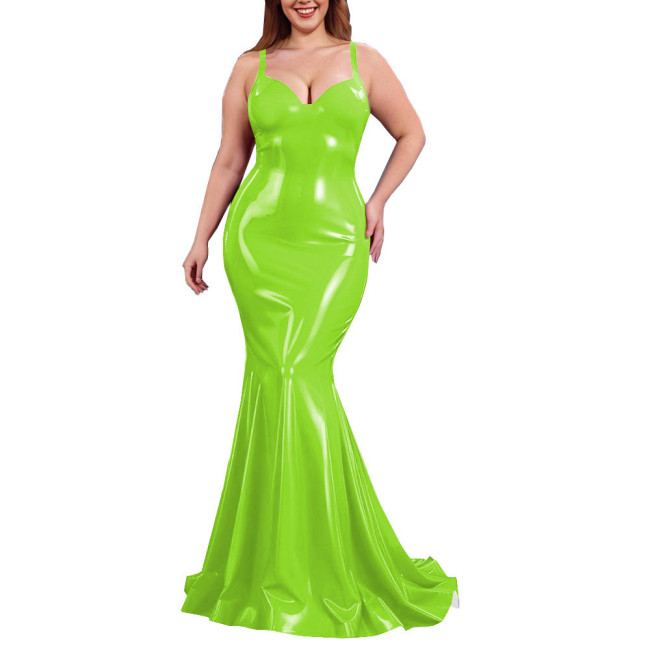 Sexy PVC Shiny Mermaid Slip Dress Women Sweetheart Neck Floor-length Bodycon Dress Elegant Spaghetti Straps Maxi Gown Partywear