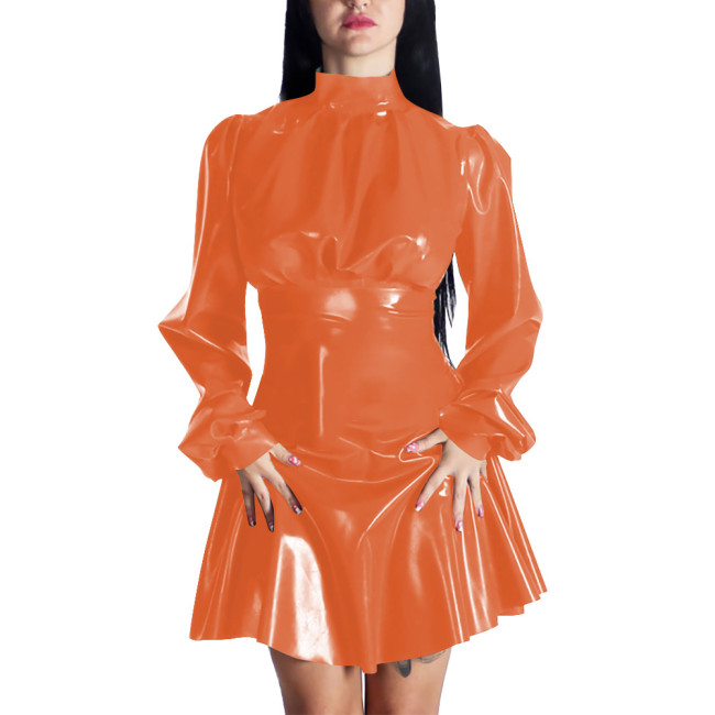 Spring New Puff Long Sleeve PVC Leather Casual A-line Mini Dress Women Chic Mock Neck Solid Color Pleated Dress Party Daily Wear