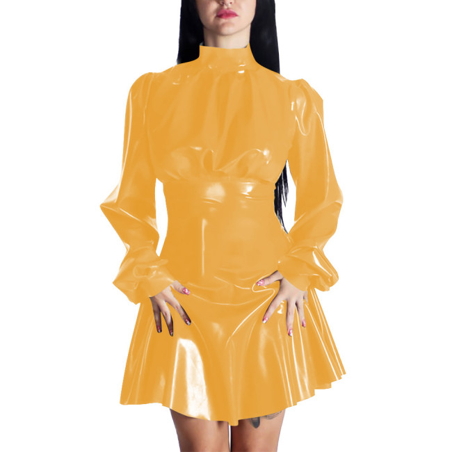Spring New Puff Long Sleeve PVC Leather Casual A-line Mini Dress Women Chic Mock Neck Solid Color Pleated Dress Party Daily Wear