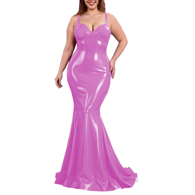 Sexy PVC Shiny Mermaid Slip Dress Women Sweetheart Neck Floor-length Bodycon Dress Elegant Spaghetti Straps Maxi Gown Partywear