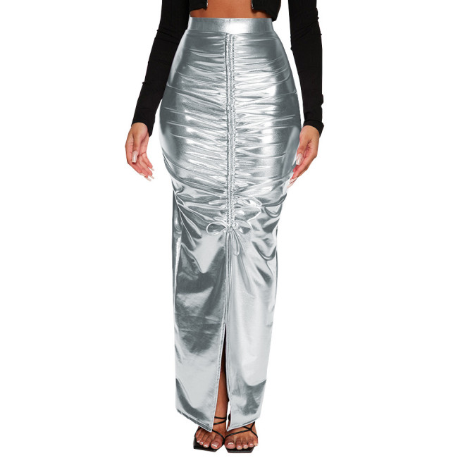 Shiny Metallic Fold Design High Waist Bodycon Long Skirt Women Elegant Front Slit Sexy Hobble Skirt Sissy Club Tight Solid Skirt