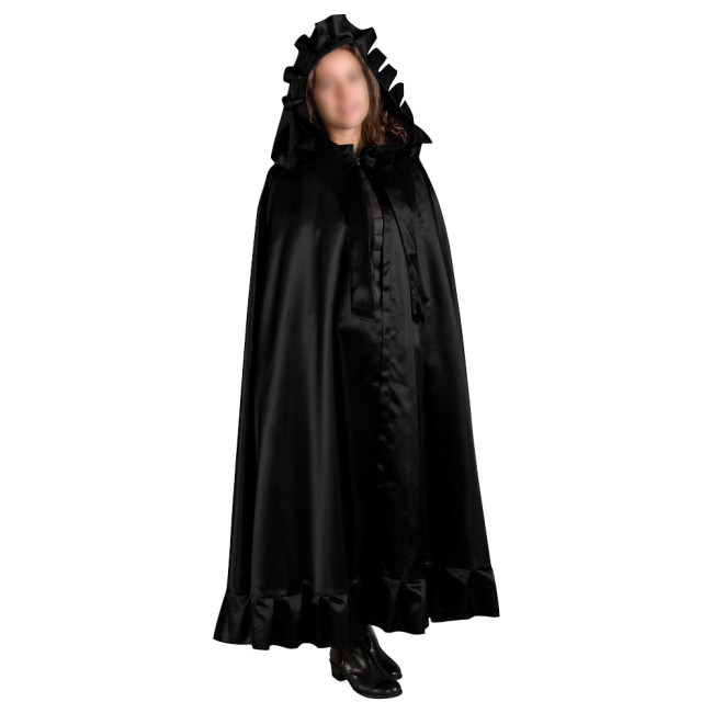 Fetish Unisex Ruffle Satin Hooded Cape Anime Cosplay Sexy Costumes Loose Long Trench Coat Halloween Party Ponchos Stage Apparel