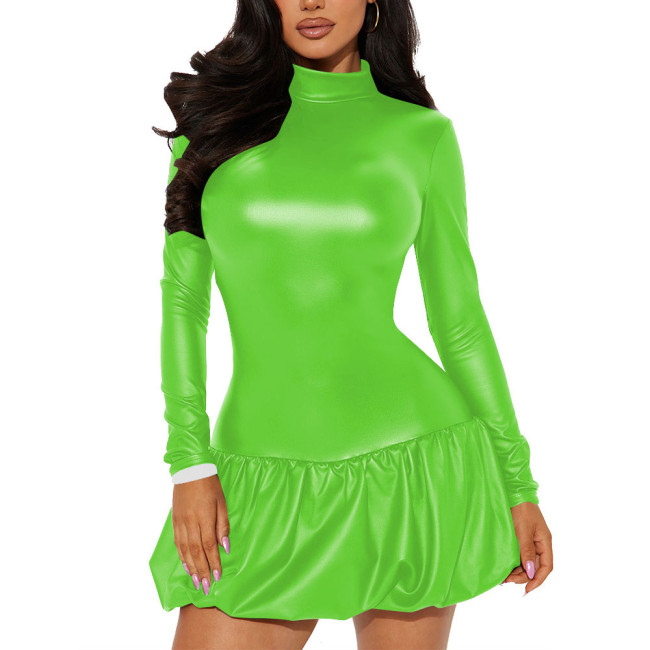 Office Lady High Neck Backless PU Leather Dress Matte Long Sleeve Sexy Club Mini Dress Revelry Party A-line Solid Color Dress