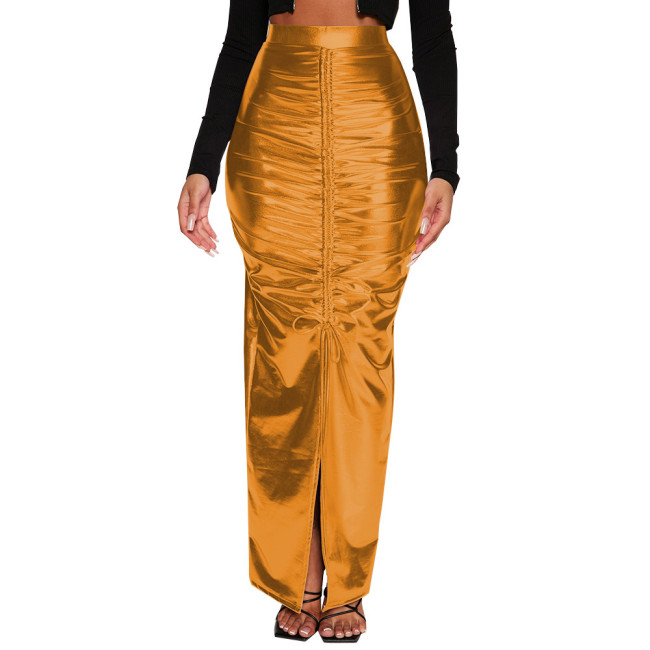 Shiny Metallic Fold Design High Waist Bodycon Long Skirt Women Elegant Front Slit Sexy Hobble Skirt Sissy Club Tight Solid Skirt