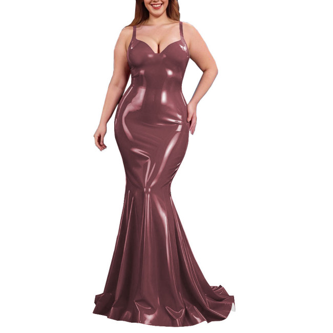 Sexy PVC Shiny Mermaid Slip Dress Women Sweetheart Neck Floor-length Bodycon Dress Elegant Spaghetti Straps Maxi Gown Partywear