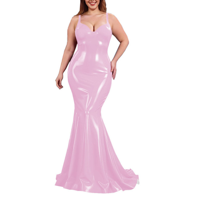 Sexy PVC Shiny Mermaid Slip Dress Women Sweetheart Neck Floor-length Bodycon Dress Elegant Spaghetti Straps Maxi Gown Partywear