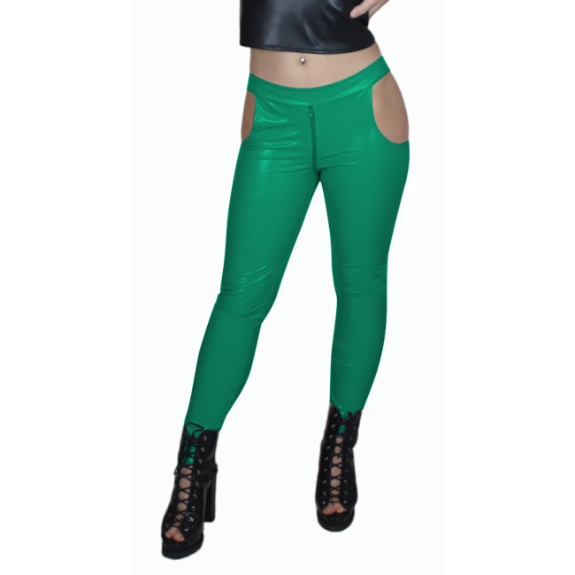 Sissy Low Waist Sexy Zip Open Crotch PVC Leather Pants Women Bodycon Solid Color Pencil Capris High Street Punk Long Pants