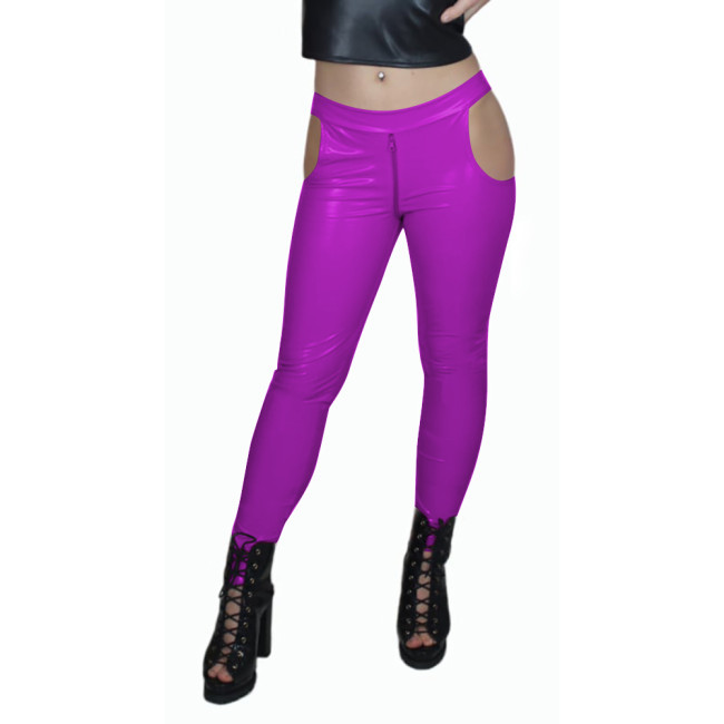 Sissy Low Waist Sexy Zip Open Crotch PVC Leather Pants Women Bodycon Solid Color Pencil Capris High Street Punk Long Pants