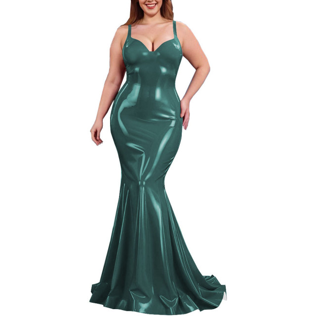 Sexy PVC Shiny Mermaid Slip Dress Women Sweetheart Neck Floor-length Bodycon Dress Elegant Spaghetti Straps Maxi Gown Partywear