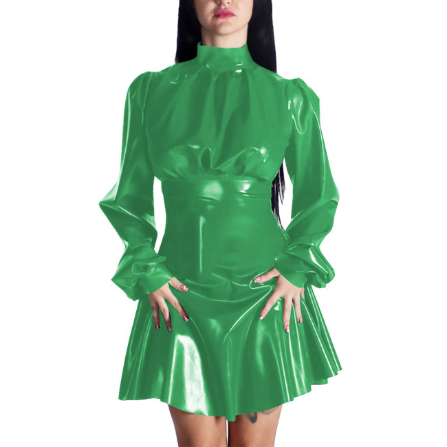 Spring New Puff Long Sleeve PVC Leather Casual A-line Mini Dress Women Chic Mock Neck Solid Color Pleated Dress Party Daily Wear
