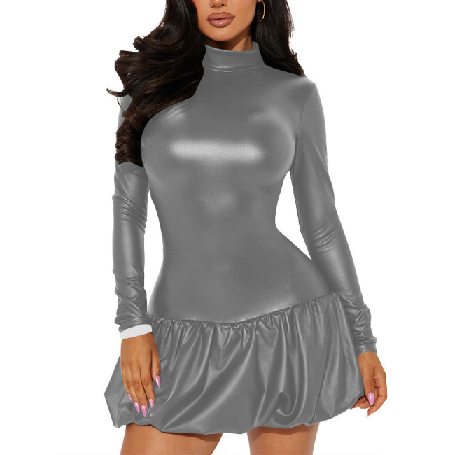 Office Lady High Neck Backless PU Leather Dress Matte Long Sleeve Sexy Club Mini Dress Revelry Party A-line Solid Color Dress