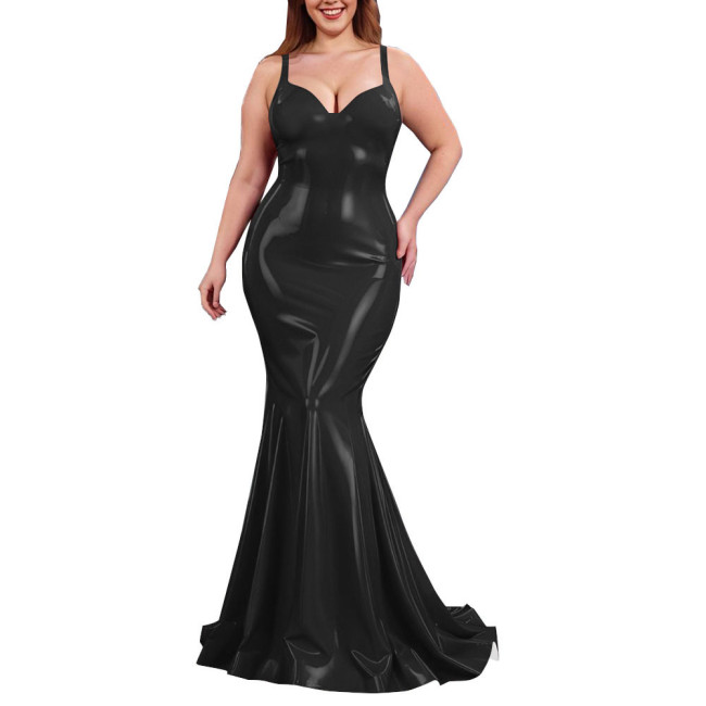 Sexy PVC Shiny Mermaid Slip Dress Women Sweetheart Neck Floor-length Bodycon Dress Elegant Spaghetti Straps Maxi Gown Partywear