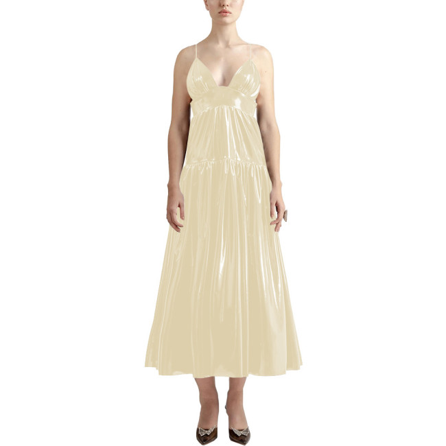 Summer Sexy V-neck Slip Dress Women Sleeveless PVC Leather Casual A-line Maxi Dress Faux Latex Beach Party Vocation Long Dress