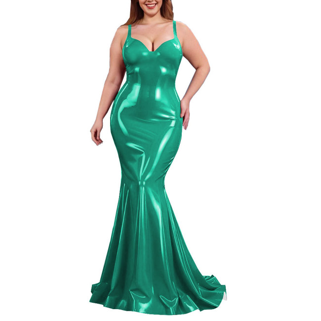Sexy PVC Shiny Mermaid Slip Dress Women Sweetheart Neck Floor-length Bodycon Dress Elegant Spaghetti Straps Maxi Gown Partywear