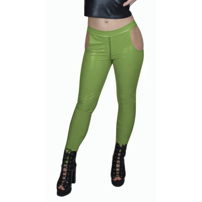 Sissy Low Waist Sexy Zip Open Crotch PVC Leather Pants Women Bodycon Solid Color Pencil Capris High Street Punk Long Pants
