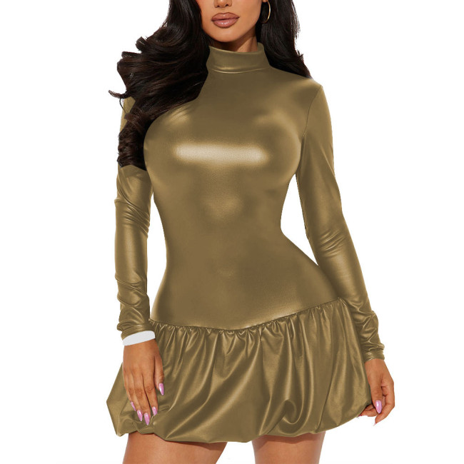 Office Lady High Neck Backless PU Leather Dress Matte Long Sleeve Sexy Club Mini Dress Revelry Party A-line Solid Color Dress
