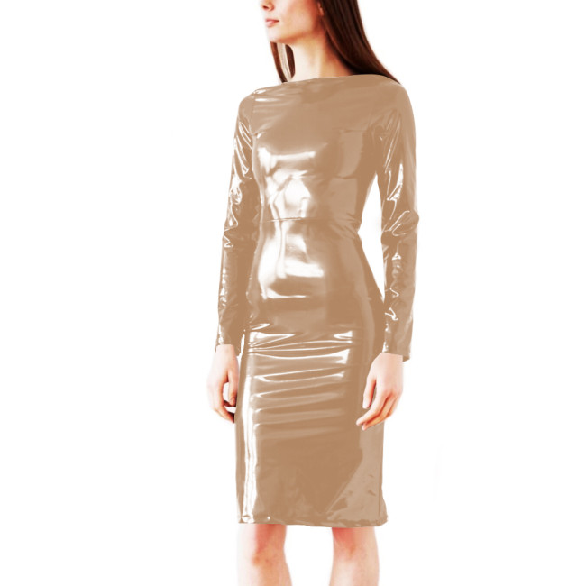 Fashion PVC Women Clothing Wetlook Long Sleeve Slim Fit Bodycon Basic Casual Dress Office Lady Faux Latex Hip Wrap Mini Dress
