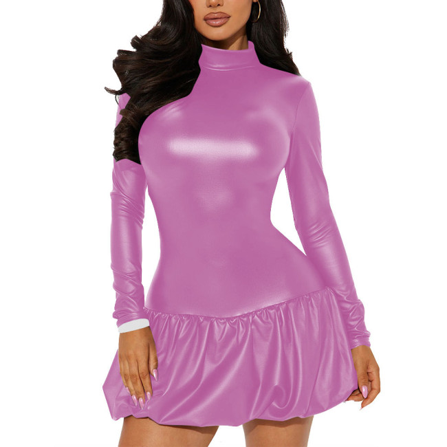 Office Lady High Neck Backless PU Leather Dress Matte Long Sleeve Sexy Club Mini Dress Revelry Party A-line Solid Color Dress