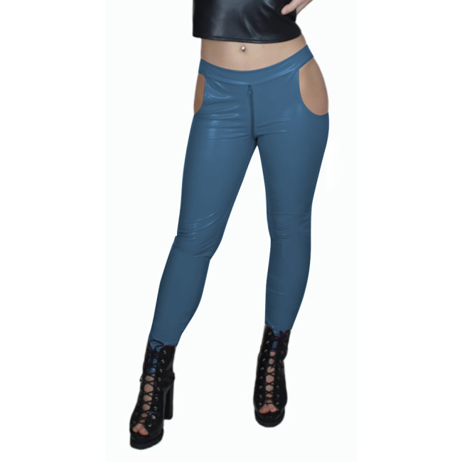 Sissy Low Waist Sexy Zip Open Crotch PVC Leather Pants Women Bodycon Solid Color Pencil Capris High Street Punk Long Pants