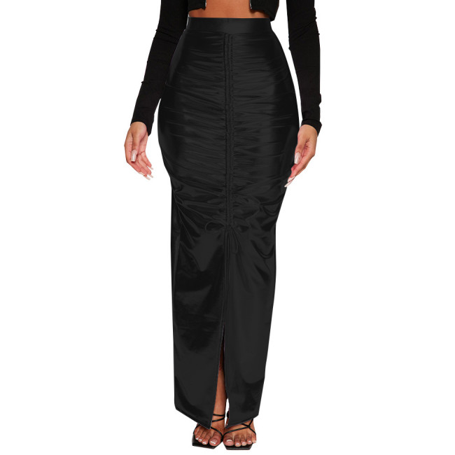 Shiny Metallic Fold Design High Waist Bodycon Long Skirt Women Elegant Front Slit Sexy Hobble Skirt Sissy Club Tight Solid Skirt