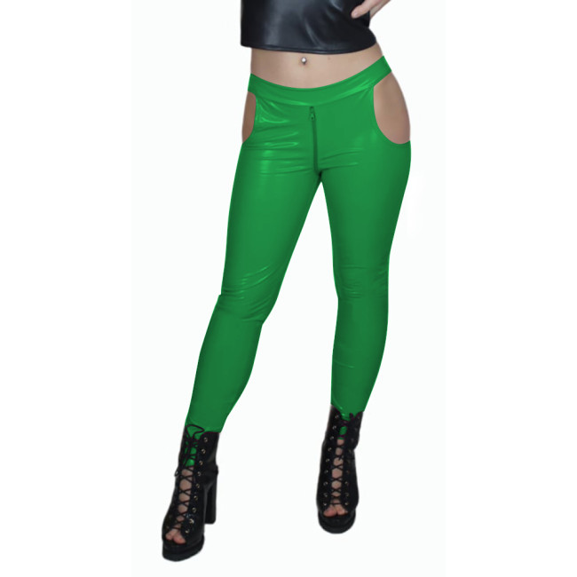 Sissy Low Waist Sexy Zip Open Crotch PVC Leather Pants Women Bodycon Solid Color Pencil Capris High Street Punk Long Pants