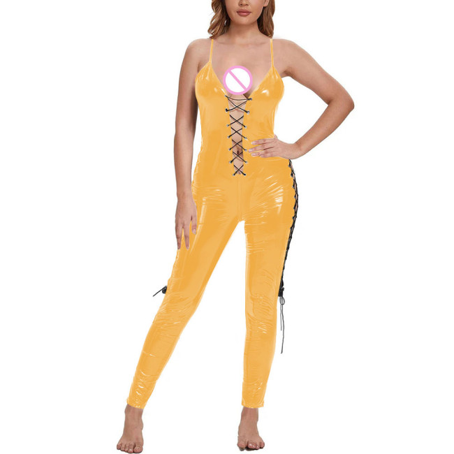 Erotic Spaghetti Strap Frenum PVC Leather Jumpsuits Women Club Party Hollow Out One Piece Romper Plus Size Rave Nightclub Zentai