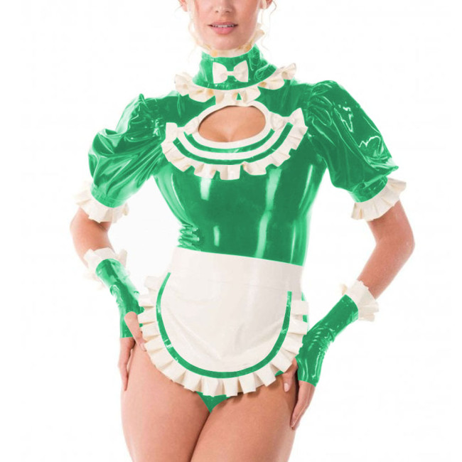 Sissy Fancy French Maid Uniforms Cross Dresser Cosplay Dress Outfits Ruffles Collar Short Sleeved PVC Shiny Bodysuit with Apron