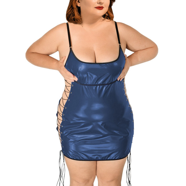 Exotic Dresses Wetlook Women Plunging Neckline Slip Dress PVC Leather Side Hollow Out Sexy Club Lace-up Bodycon Dress Pole Dance