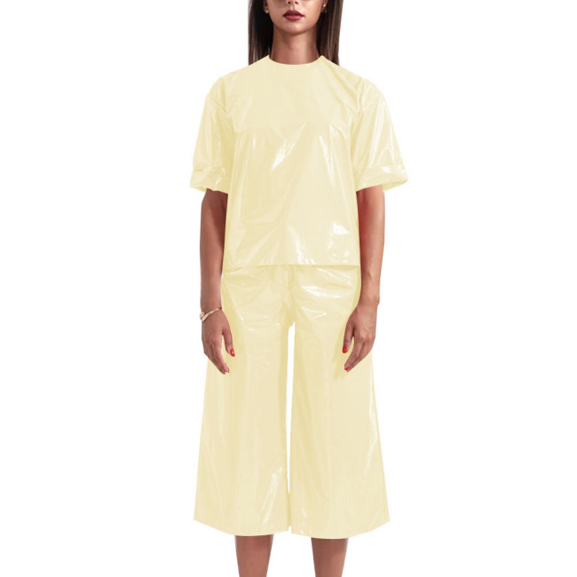 Wetlook Womens Two Peice Sets Short Sleeve Loose Casual Tops Summer PVC Leather High Waist Straight-leg Pant Sets Daily Wear