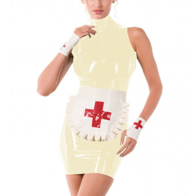 Erotic Role Play Nurse Career Cosplay High Neck PVC Leather Pencil Mini Dress Women Halloween Costume Sexy Nurse Dress Plus Size