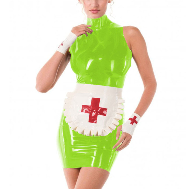 Erotic Role Play Nurse Career Cosplay High Neck PVC Leather Pencil Mini Dress Women Halloween Costume Sexy Nurse Dress Plus Size