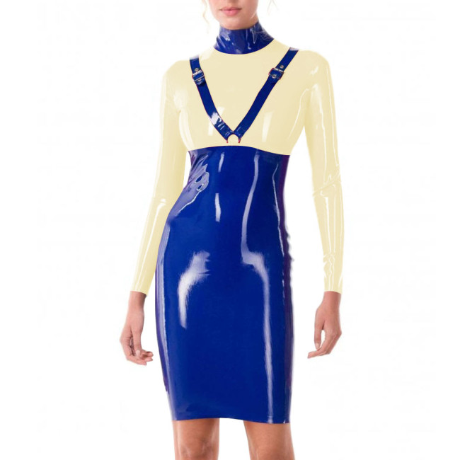 Patchwork Blue Turtleneck PVC Leather Slim Fit Hip Wrap Bodycon Dress Women Long Sleeve Sexy Hobble Dress for Club Cocktail