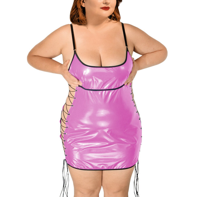 Exotic Dresses Wetlook Women Plunging Neckline Slip Dress PVC Leather Side Hollow Out Sexy Club Lace-up Bodycon Dress Pole Dance
