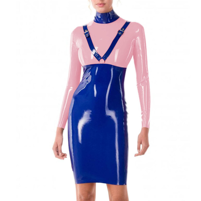 Patchwork Blue Turtleneck PVC Leather Slim Fit Hip Wrap Bodycon Dress Women Long Sleeve Sexy Hobble Dress for Club Cocktail