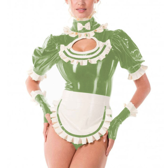 Sissy Fancy French Maid Uniforms Cross Dresser Cosplay Dress Outfits Ruffles Collar Short Sleeved PVC Shiny Bodysuit with Apron