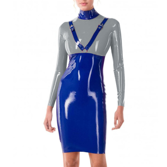 Patchwork Blue Turtleneck PVC Leather Slim Fit Hip Wrap Bodycon Dress Women Long Sleeve Sexy Hobble Dress for Club Cocktail
