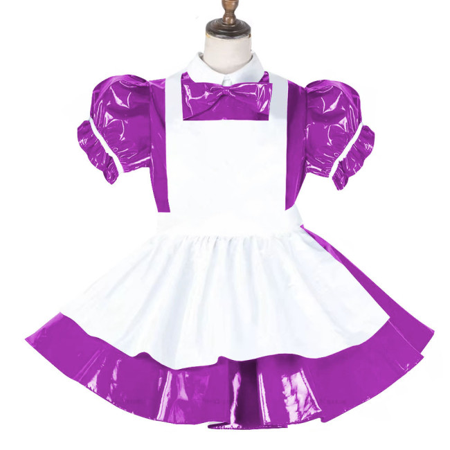 Sissy Lockable Maid Sweet Lolita Dress PVC Leather French Puff Sleeve A-line Black Lolita Dress Role Play Cosplay Maid Outfit