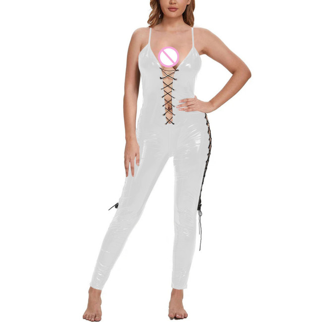 Erotic Spaghetti Strap Frenum PVC Leather Jumpsuits Women Club Party Hollow Out One Piece Romper Plus Size Rave Nightclub Zentai