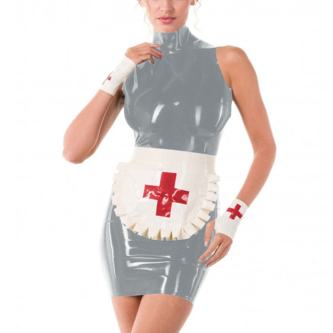 Erotic Role Play Nurse Career Cosplay High Neck PVC Leather Pencil Mini Dress Women Halloween Costume Sexy Nurse Dress Plus Size