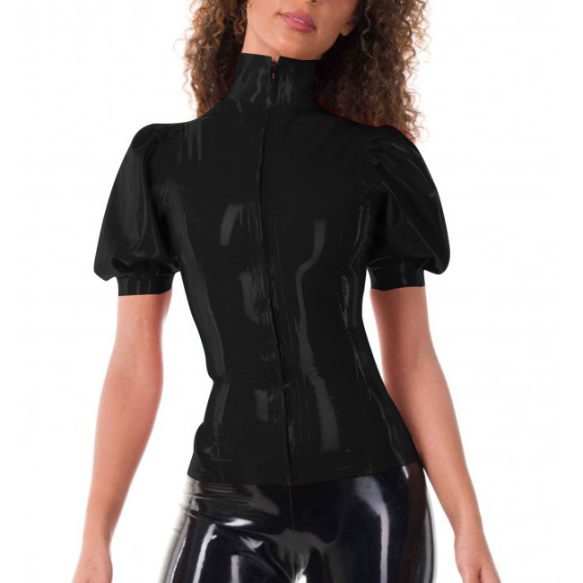 Ladies Tops Puff Short Sleeve Elegance High Neck PVC Leather Slim Fit Blouses Front Zipper Women Tops Office Business Daily Wear