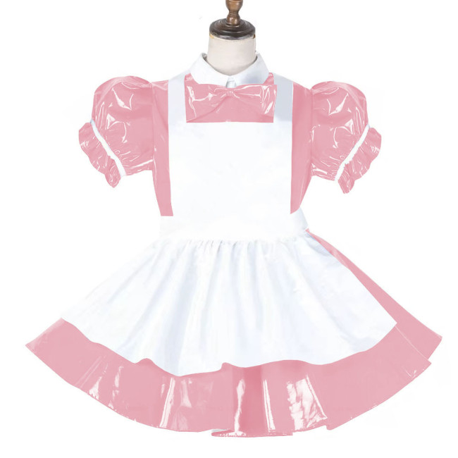 Sissy Lockable Maid Sweet Lolita Dress PVC Leather French Puff Sleeve A-line Black Lolita Dress Role Play Cosplay Maid Outfit
