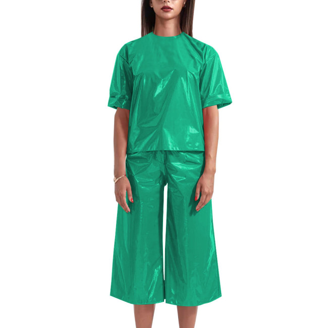 Wetlook Womens Two Peice Sets Short Sleeve Loose Casual Tops Summer PVC Leather High Waist Straight-leg Pant Sets Daily Wear